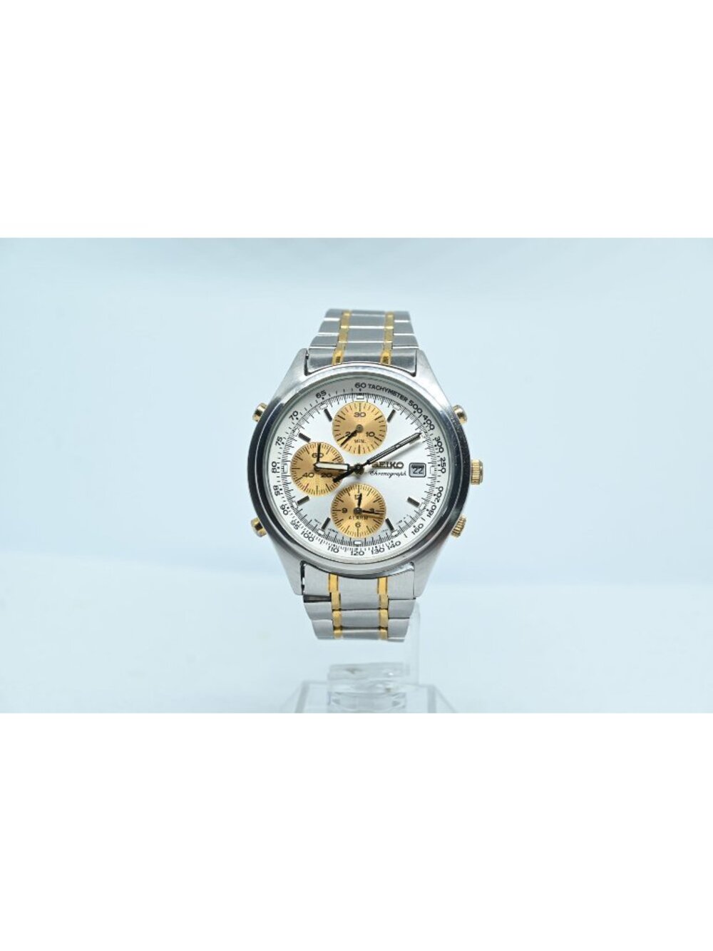 Vintage Men's Seiko 7T32-7C60 Quartz Alarm Chronograph Gold Panda Dial 38mm